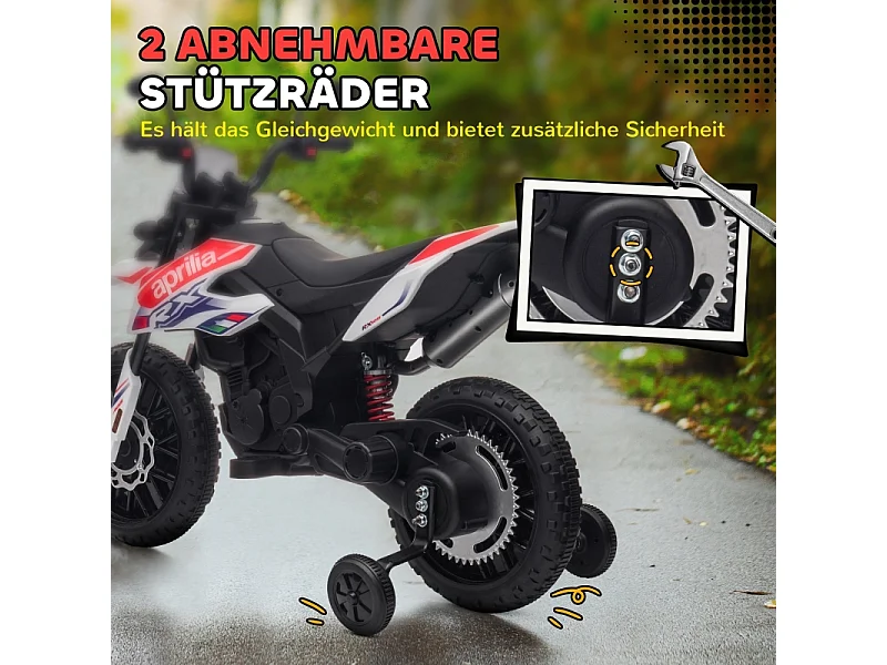 Moto électrique pour enfants 12V avec roues stabilisatrices, éclairage LED, musique et USB, plastique, blanc (106.5x56x80cm)