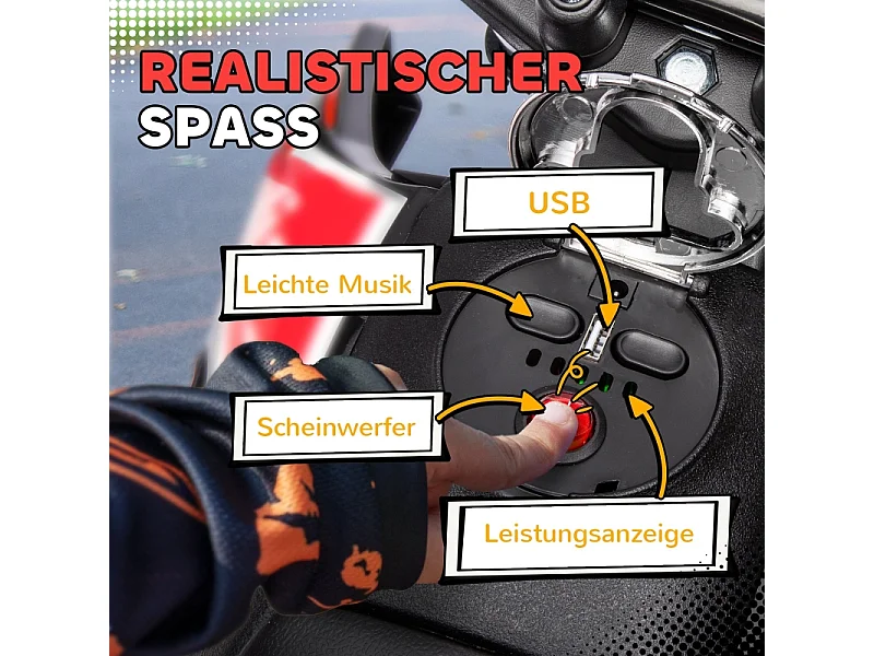 Moto électrique pour enfants 12V avec roues stabilisatrices, éclairage LED, musique et USB, plastique, blanc (106.5x56x80cm)