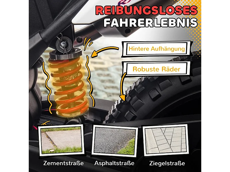 Moto électrique pour enfants 12V avec roues stabilisatrices, éclairage LED, musique et USB, plastique, blanc (106.5x56x80cm)