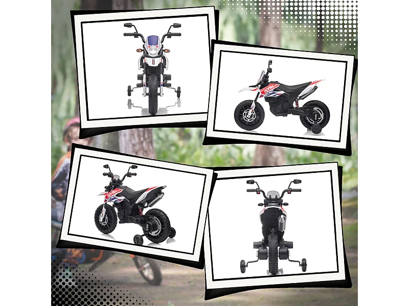 Moto électrique pour enfants 12V avec roues stabilisatrices, éclairage LED, musique et USB, plastique, blanc (106.5x56x80cm)