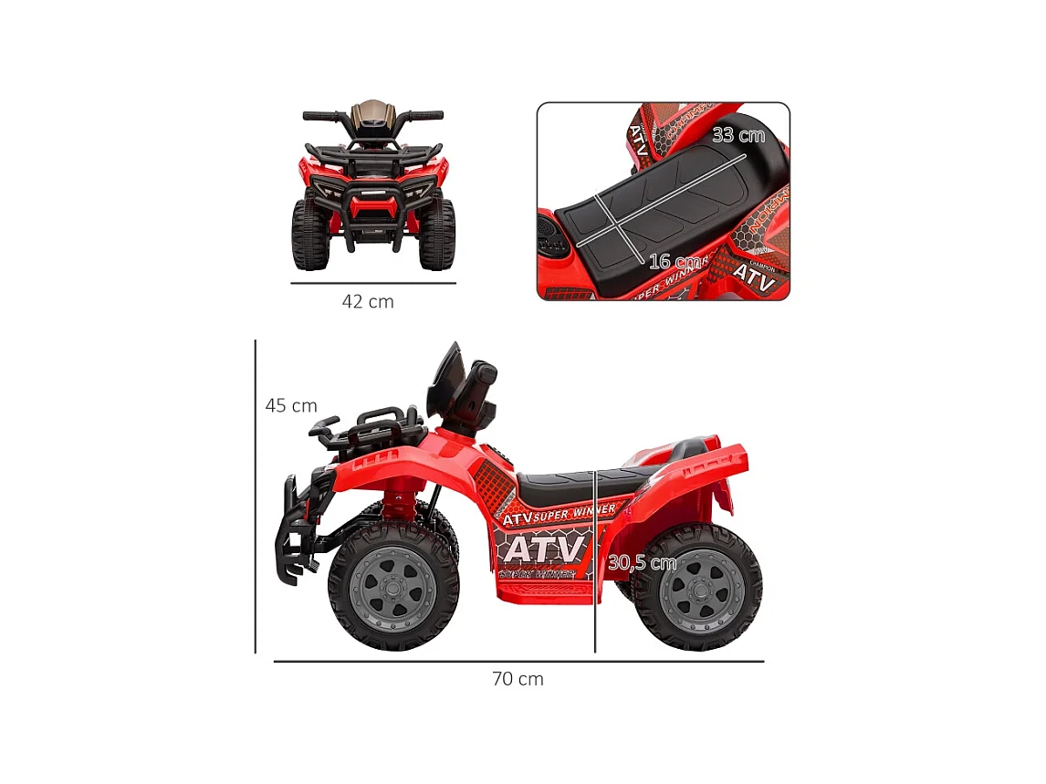 Quad électrique pour enfants 6V avec fonction avant, musique, métal et plastique, rouge (70x42x45 cm)
