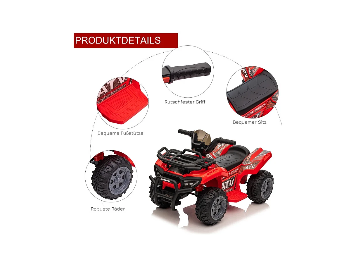 Quad électrique pour enfants 6V avec fonction avant, musique, métal et plastique, rouge (70x42x45 cm)