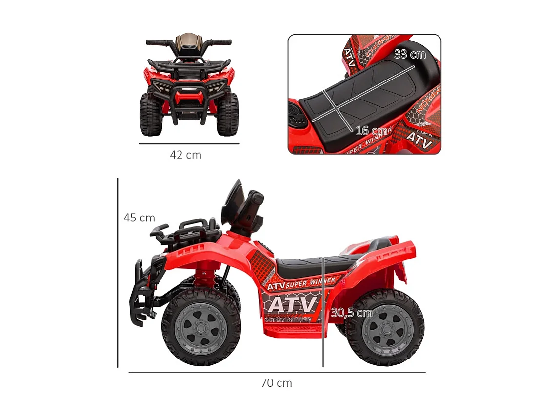 Quad électrique pour enfants 6V avec fonction avant, musique, métal et plastique, rouge (70x42x45 cm)