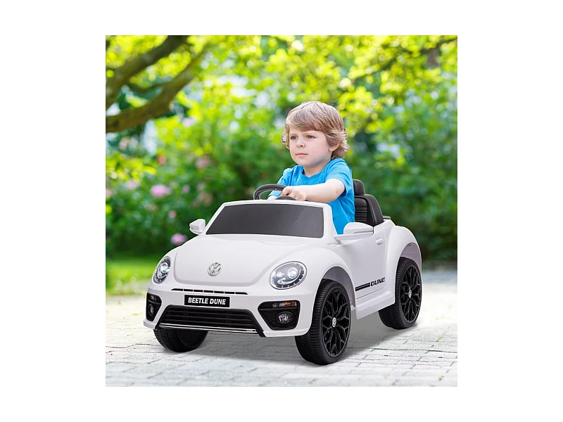 Voiture électrique pour enfants, design VW Beetle, plastique, blanc, avec télécommande et musique (97x56.5x46 cm)