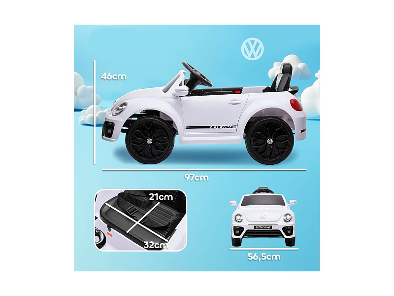 Voiture électrique pour enfants, design VW Beetle, plastique, blanc, avec télécommande et musique (97x56.5x46 cm)