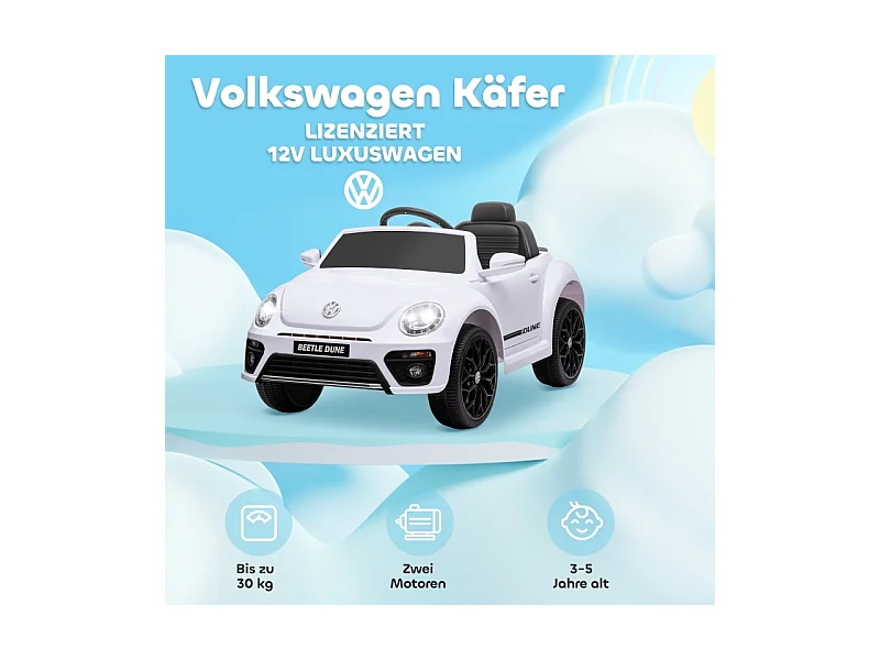 Voiture électrique pour enfants, design VW Beetle, plastique, blanc, avec télécommande et musique (97x56.5x46 cm)