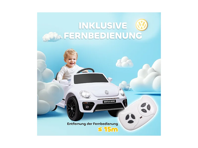 Voiture électrique pour enfants, design VW Beetle, plastique, blanc, avec télécommande et musique (97x56.5x46 cm)