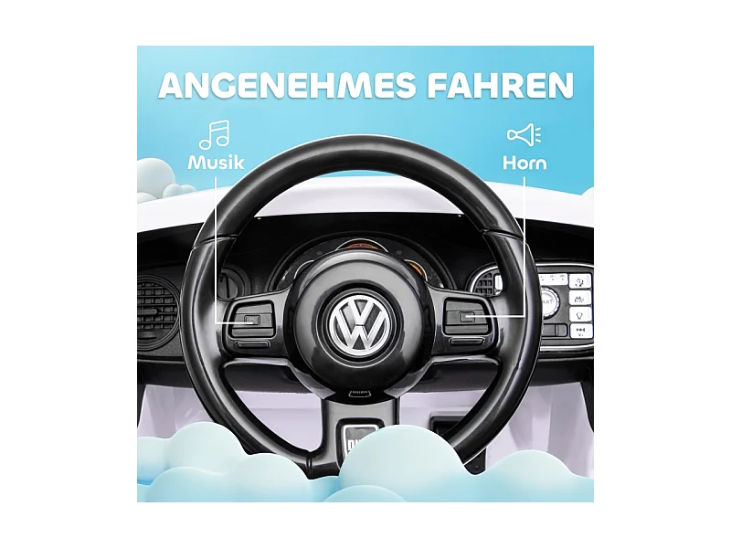 Voiture électrique pour enfants, design VW Beetle, plastique, blanc, avec télécommande et musique (97x56.5x46 cm)