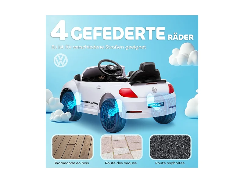 Voiture électrique pour enfants, design VW Beetle, plastique, blanc, avec télécommande et musique (97x56.5x46 cm)