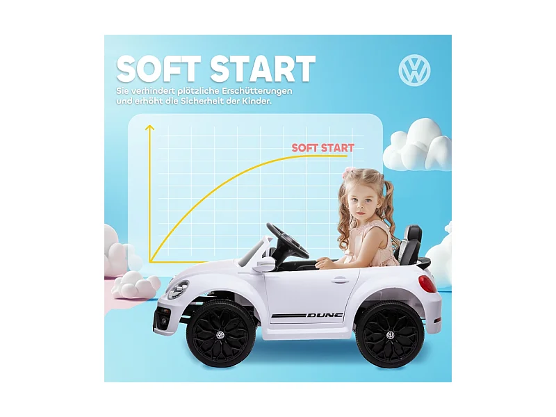 Voiture électrique pour enfants, design VW Beetle, plastique, blanc, avec télécommande et musique (97x56.5x46 cm)
