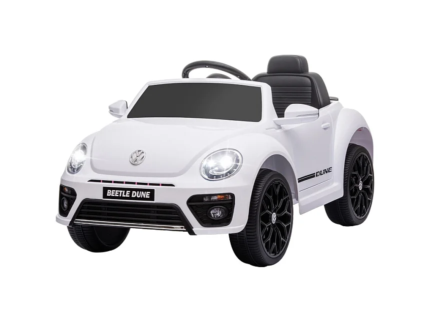 Elektrische kinderauto, VW Kever-design, kunststof, wit, met afstandsbediening en muziek (97x56,5x46 cm)