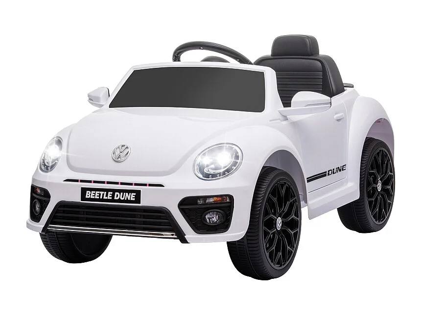 Voiture électrique pour enfants, design VW Beetle, plastique, blanc, avec télécommande et musique (97x56.5x46 cm)
