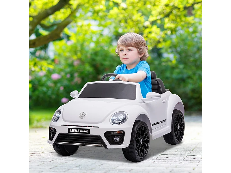 Voiture électrique pour enfants, design VW Beetle, plastique, blanc, avec télécommande et musique (97x56.5x46 cm)