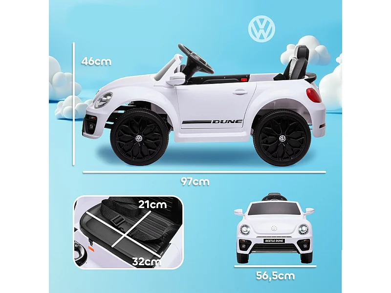 Voiture électrique pour enfants, design VW Beetle, plastique, blanc, avec télécommande et musique (97x56.5x46 cm)