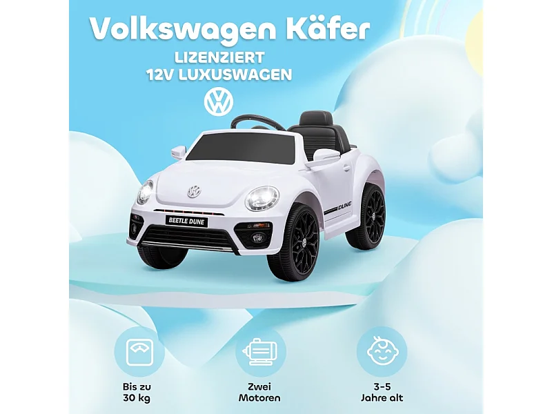 Voiture électrique pour enfants, design VW Beetle, plastique, blanc, avec télécommande et musique (97x56.5x46 cm)
