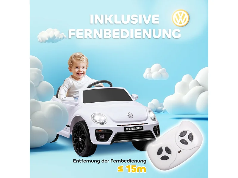 Voiture électrique pour enfants, design VW Beetle, plastique, blanc, avec télécommande et musique (97x56.5x46 cm)