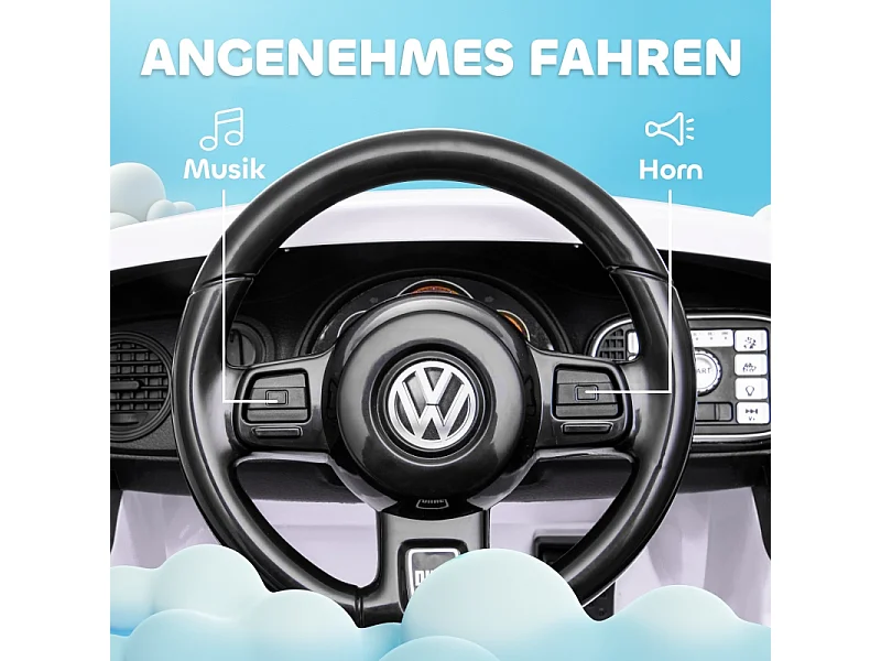 Voiture électrique pour enfants, design VW Beetle, plastique, blanc, avec télécommande et musique (97x56.5x46 cm)