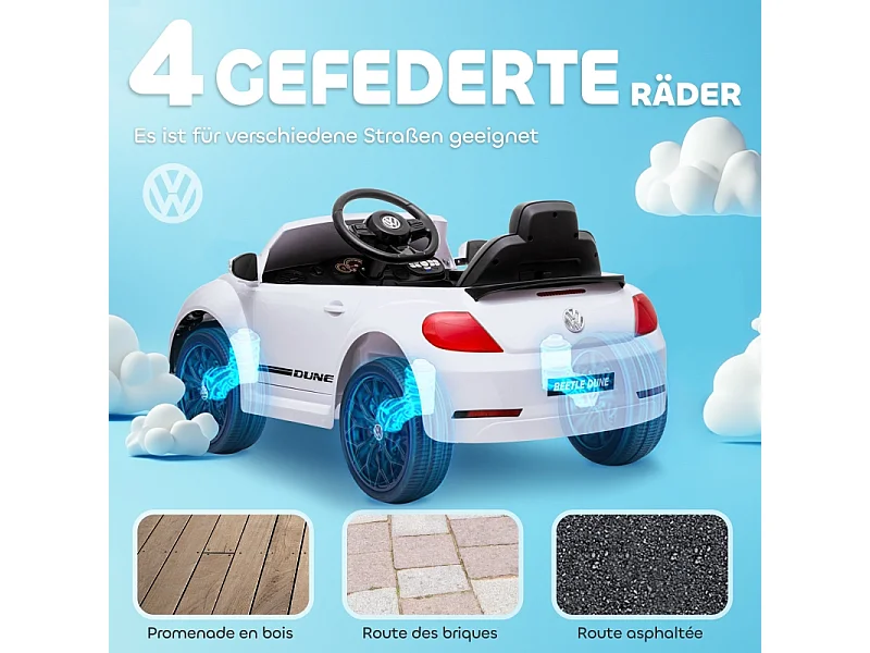 Voiture électrique pour enfants, design VW Beetle, plastique, blanc, avec télécommande et musique (97x56.5x46 cm)