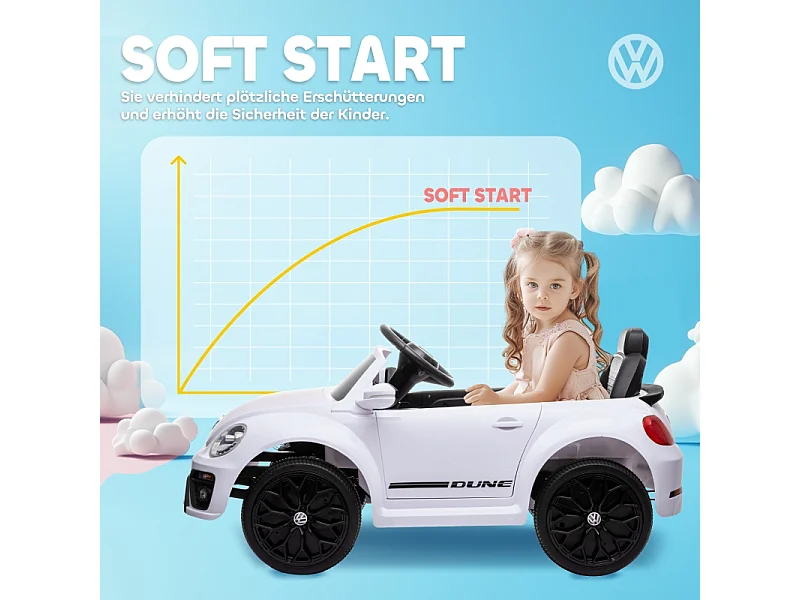 Voiture électrique pour enfants, design VW Beetle, plastique, blanc, avec télécommande et musique (97x56.5x46 cm)