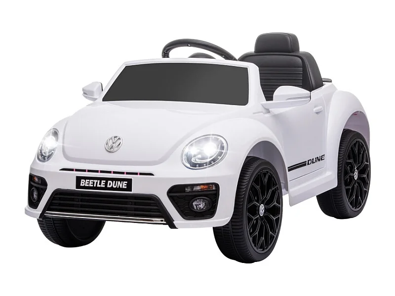 Voiture électrique pour enfants, design VW Beetle, plastique, blanc, avec télécommande et musique (97x56.5x46 cm)