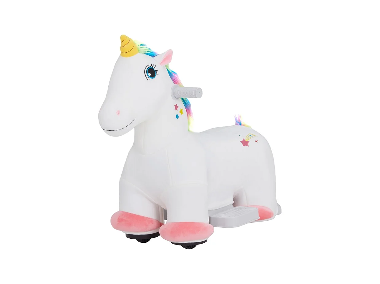 Voiture électrique licorne pour enfants 6V, jouet à pédales avec musique, polyester, blanc (69x34x53cm)