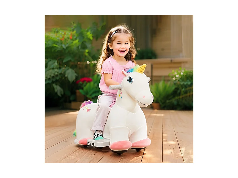 Voiture électrique licorne pour enfants 6V, jouet à pédales avec musique, polyester, blanc (69x34x53cm)