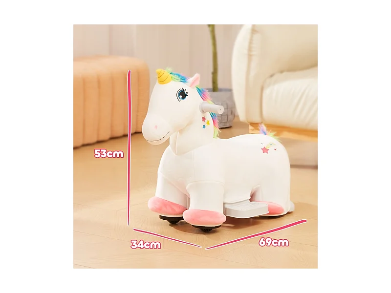 Voiture électrique licorne pour enfants 6V, jouet à pédales avec musique, polyester, blanc (69x34x53cm)