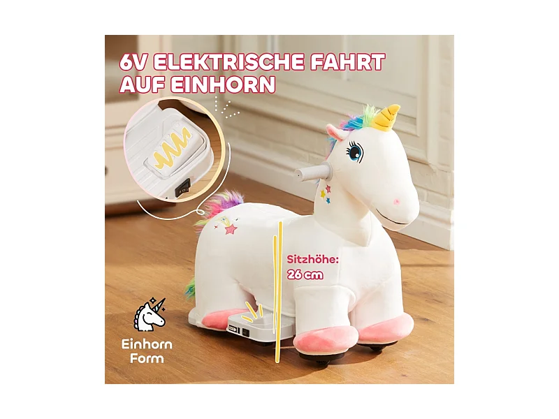 Voiture électrique licorne pour enfants 6V, jouet à pédales avec musique, polyester, blanc (69x34x53cm)
