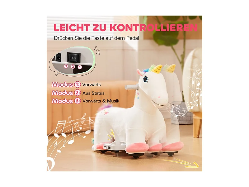 Voiture électrique licorne pour enfants 6V, jouet à pédales avec musique, polyester, blanc (69x34x53cm)