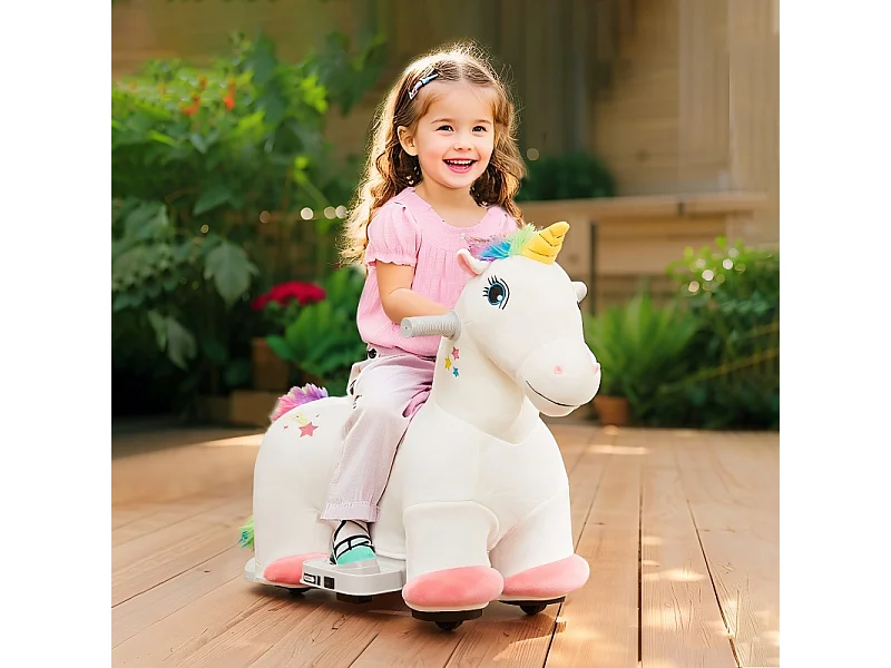 Voiture électrique licorne pour enfants 6V, jouet à pédales avec musique, polyester, blanc (69x34x53cm)