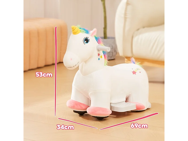 Voiture électrique licorne pour enfants 6V, jouet à pédales avec musique, polyester, blanc (69x34x53cm)