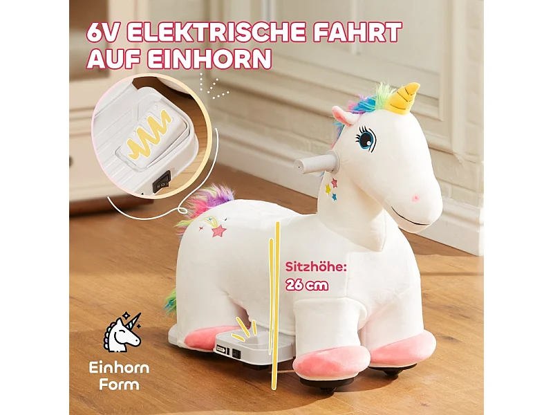 Voiture électrique licorne pour enfants 6V, jouet à pédales avec musique, polyester, blanc (69x34x53cm)