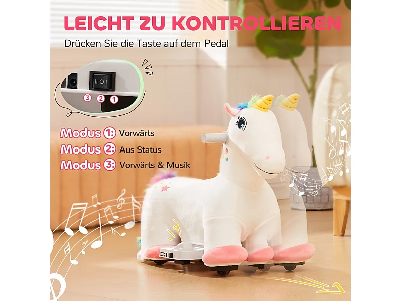 Voiture électrique licorne pour enfants 6V, jouet à pédales avec musique, polyester, blanc (69x34x53cm)