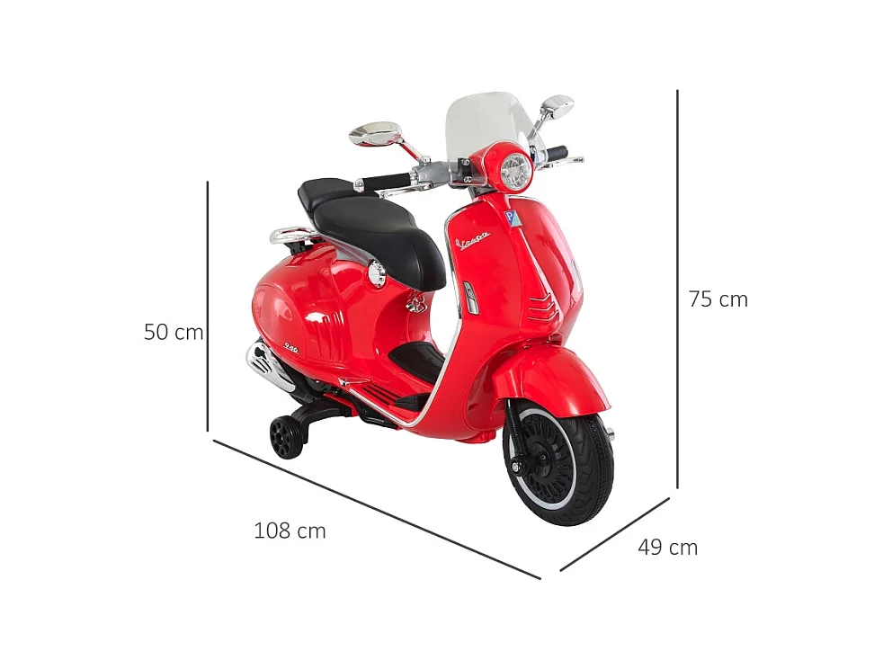 Moto électrique pour enfant, 6V avec phare, musique, marche avant/arrière et roues stabilisatrices, plastique, rouge (108x49x75cm)