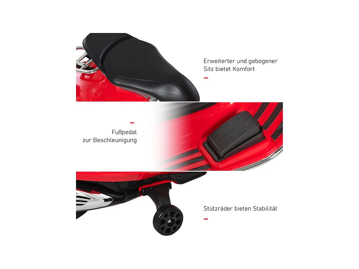 Moto électrique pour enfant, 6V avec phare, musique, marche avant/arrière et roues stabilisatrices, plastique, rouge (108x49x75cm)