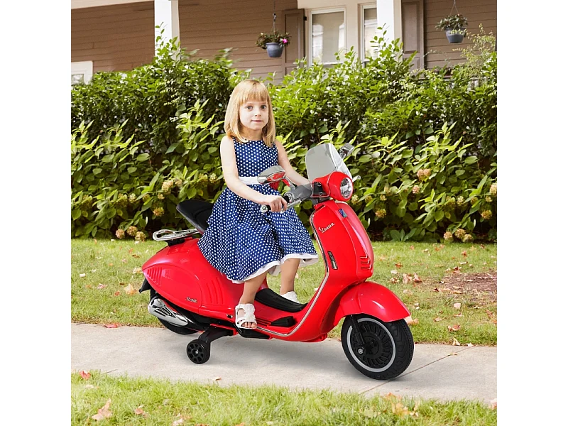 Moto électrique pour enfant, 6V avec phare, musique, marche avant/arrière et roues stabilisatrices, plastique, rouge (108x49x75cm)