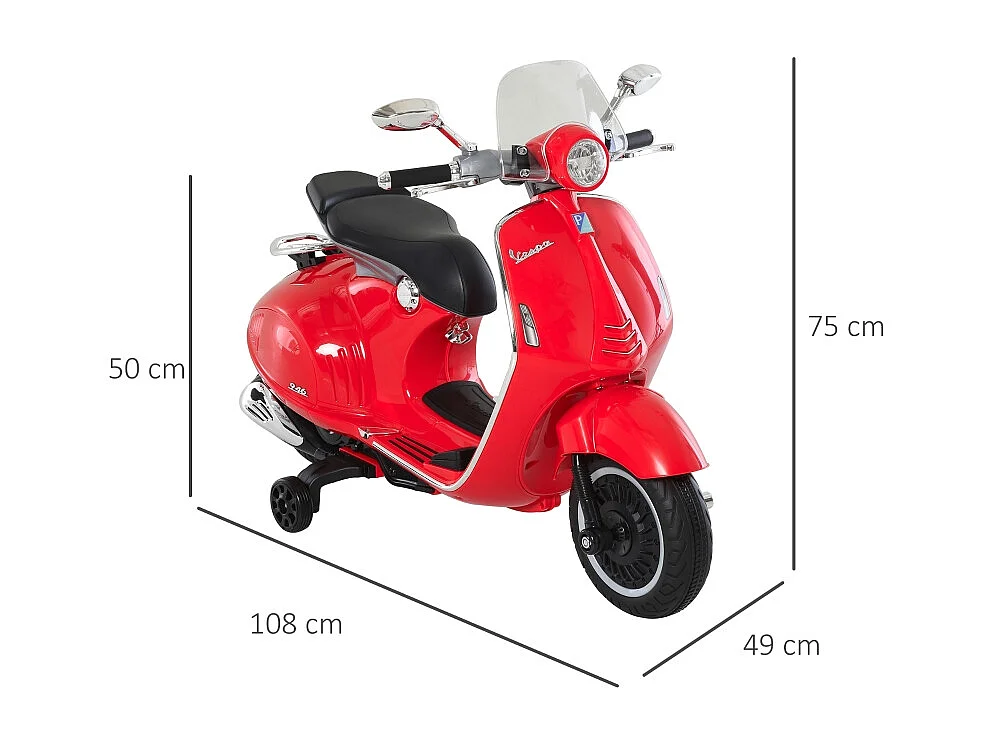 Moto électrique pour enfant, 6V avec phare, musique, marche avant/arrière et roues stabilisatrices, plastique, rouge (108x49x75cm)