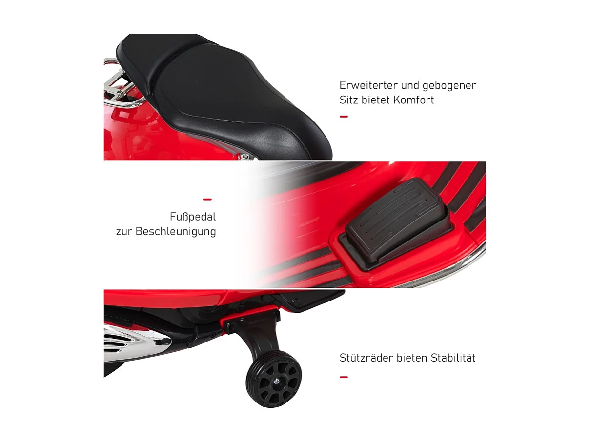 Moto électrique pour enfant, 6V avec phare, musique, marche avant/arrière et roues stabilisatrices, plastique, rouge (108x49x75cm)