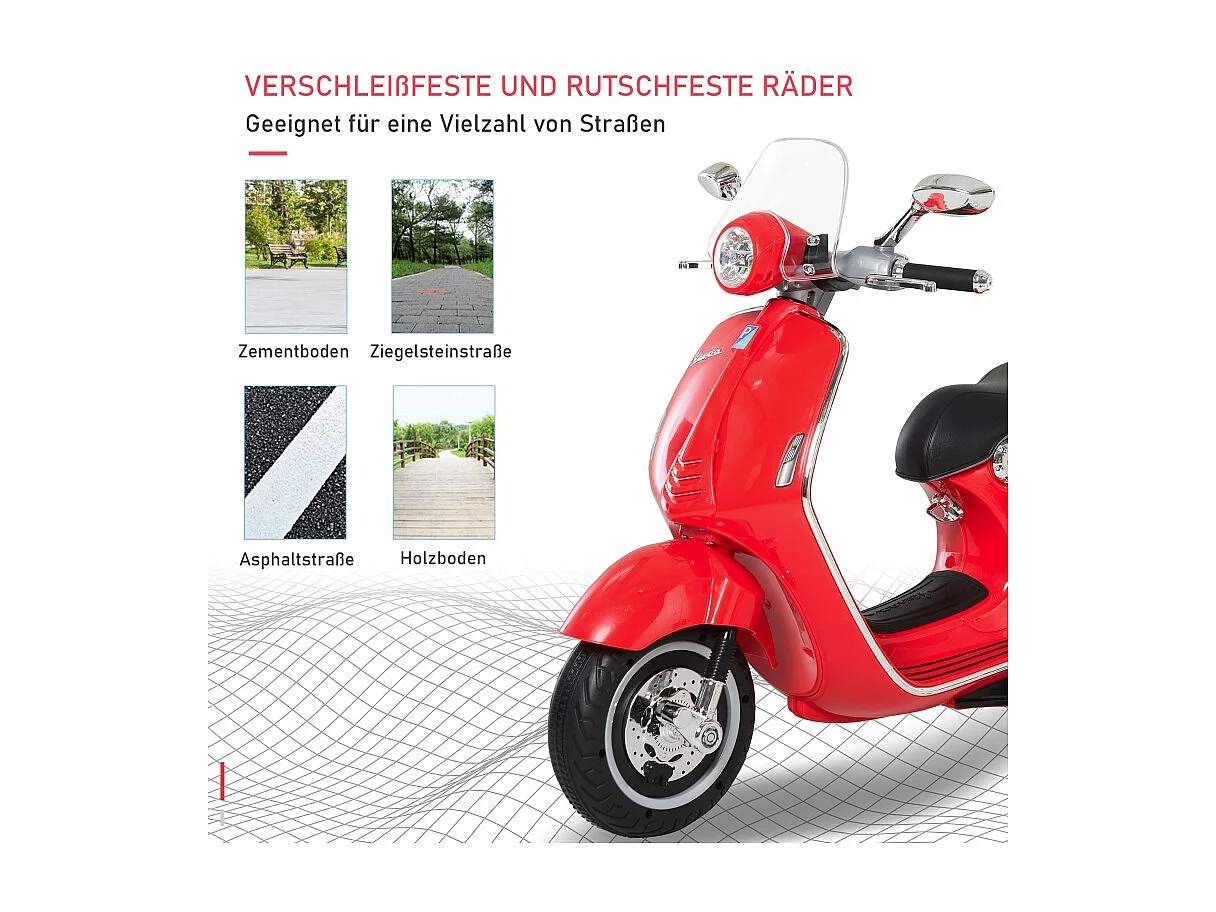 Moto électrique pour enfant, 6V avec phare, musique, marche avant/arrière et roues stabilisatrices, plastique, rouge (108x49x75cm)