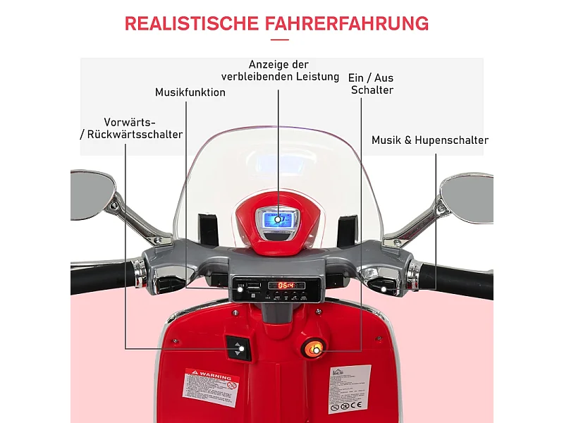 Moto électrique pour enfant, 6V avec phare, musique, marche avant/arrière et roues stabilisatrices, plastique, rouge (108x49x75cm)