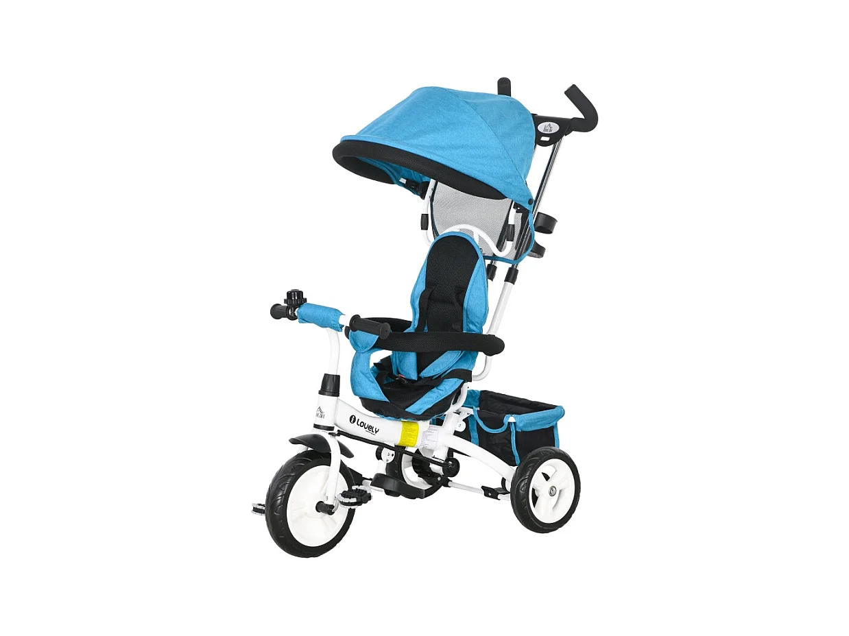 Tricycle évolutif 6-en-1 avec canne poussoir, siège réglable, harnais 5 points, panier et porte-gobelet, plastique, bleu (95x50x106 cm)