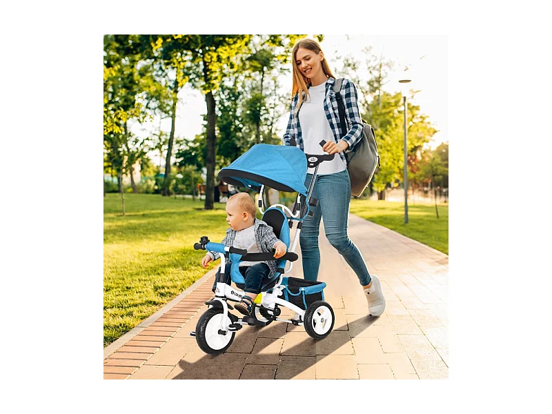 Tricycle évolutif 6-en-1 avec canne poussoir, siège réglable, harnais 5 points, panier et porte-gobelet, plastique, bleu (95x50x106 cm)