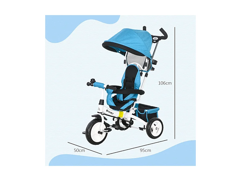 Tricycle évolutif 6-en-1 avec canne poussoir, siège réglable, harnais 5 points, panier et porte-gobelet, plastique, bleu (95x50x106 cm)