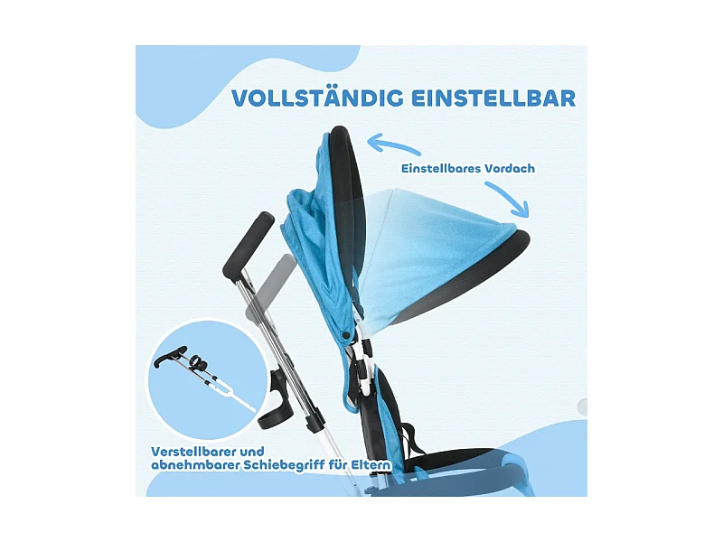 Tricycle évolutif 6-en-1 avec canne poussoir, siège réglable, harnais 5 points, panier et porte-gobelet, plastique, bleu (95x50x106 cm)