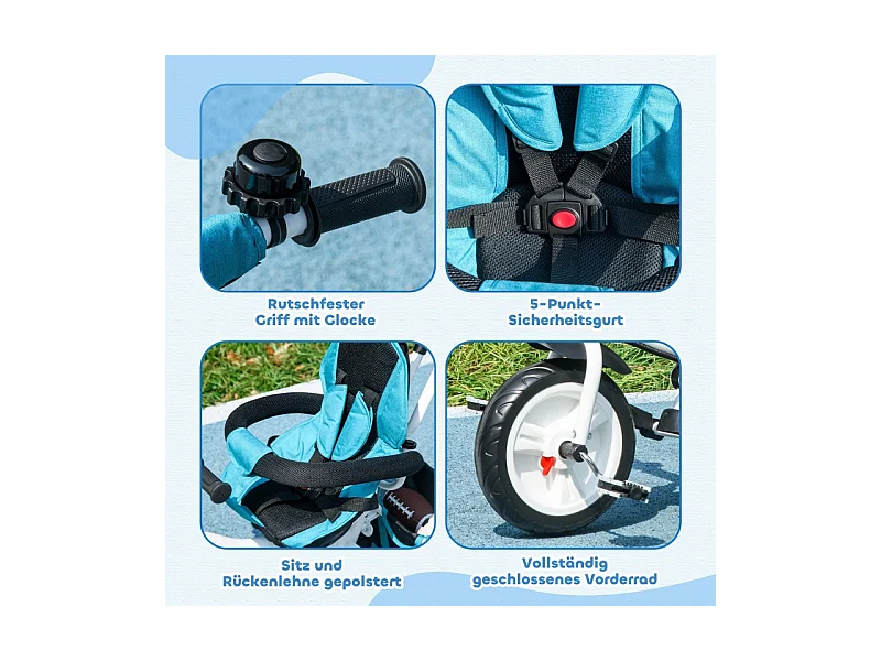 Tricycle évolutif 6-en-1 avec canne poussoir, siège réglable, harnais 5 points, panier et porte-gobelet, plastique, bleu (95x50x106 cm)