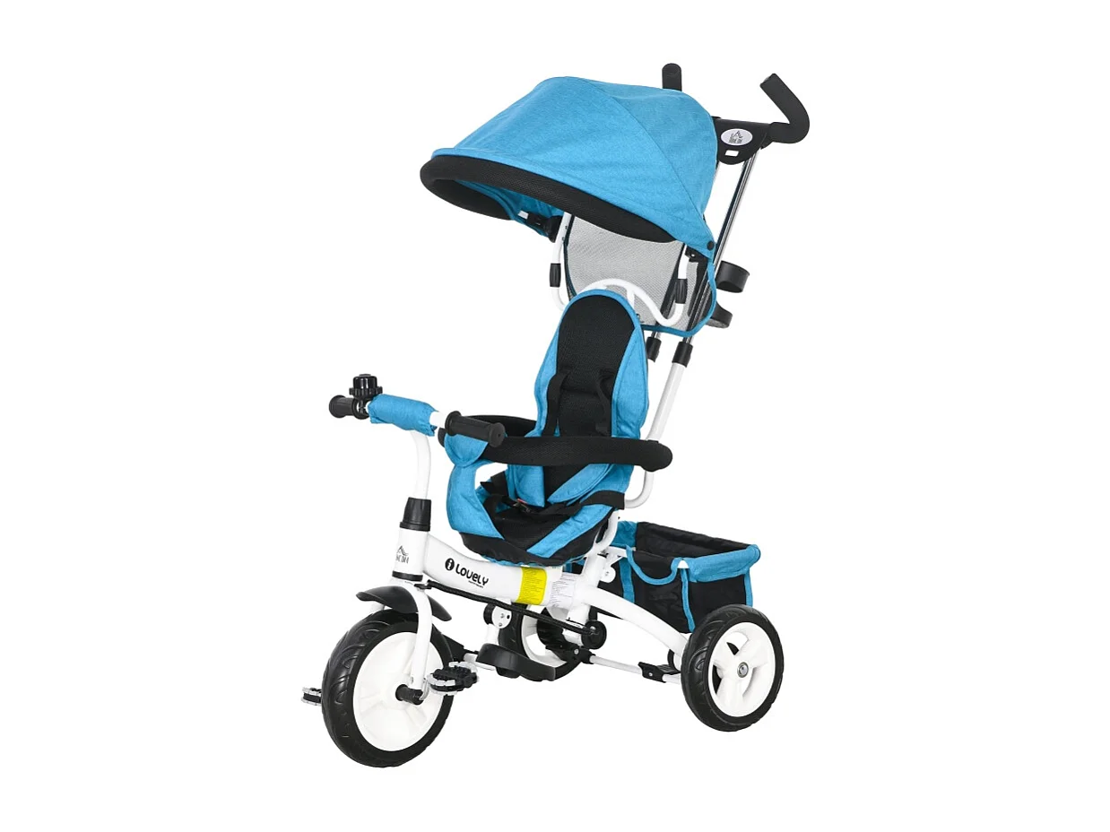 Tricycle évolutif 6-en-1 avec canne poussoir, siège réglable, harnais 5 points, panier et porte-gobelet, plastique, bleu (95x50x106 cm)