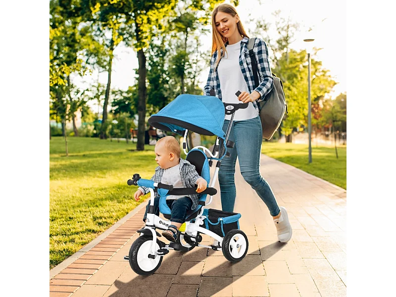 Tricycle évolutif 6-en-1 avec canne poussoir, siège réglable, harnais 5 points, panier et porte-gobelet, plastique, bleu (95x50x106 cm)