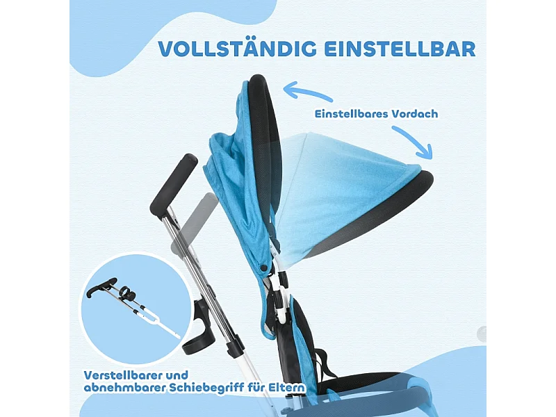 Tricycle évolutif 6-en-1 avec canne poussoir, siège réglable, harnais 5 points, panier et porte-gobelet, plastique, bleu (95x50x106 cm)