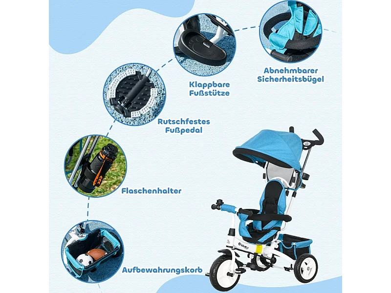 Tricycle évolutif 6-en-1 avec canne poussoir, siège réglable, harnais 5 points, panier et porte-gobelet, plastique, bleu (95x50x106 cm)