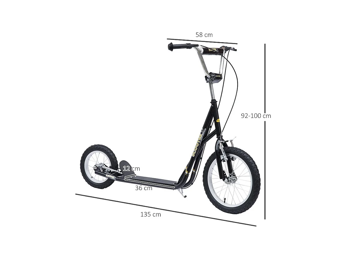 Trottinette enfant 16/12 pouces avec freins, cadre en acier, pneus air, noir (135x58x100cm)